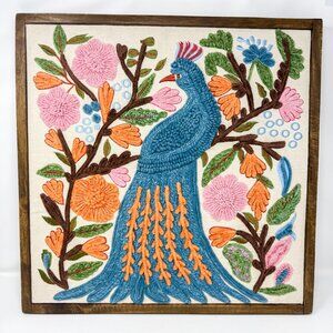 Blue Peacock Embroidered Framed Boho Wall Art Textile Folk Art Wood Frame